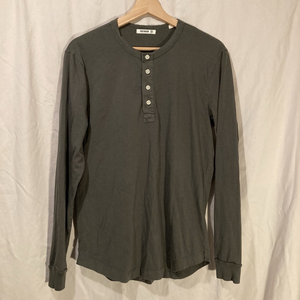 Buck Mason Mens Venice Pima Curved Hem Henley Shirt Green XS Long Sleeve Casual